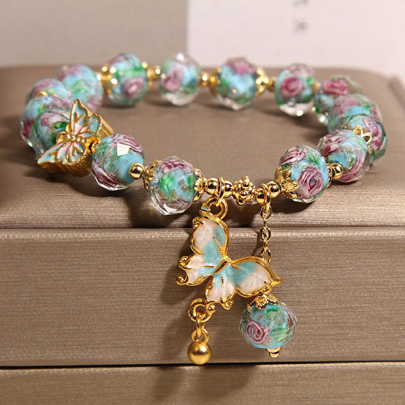 Rose Garden Glazed Bracelet | Chinese-Inspired Butterfly & Floral Ceramic Jewelry for Women