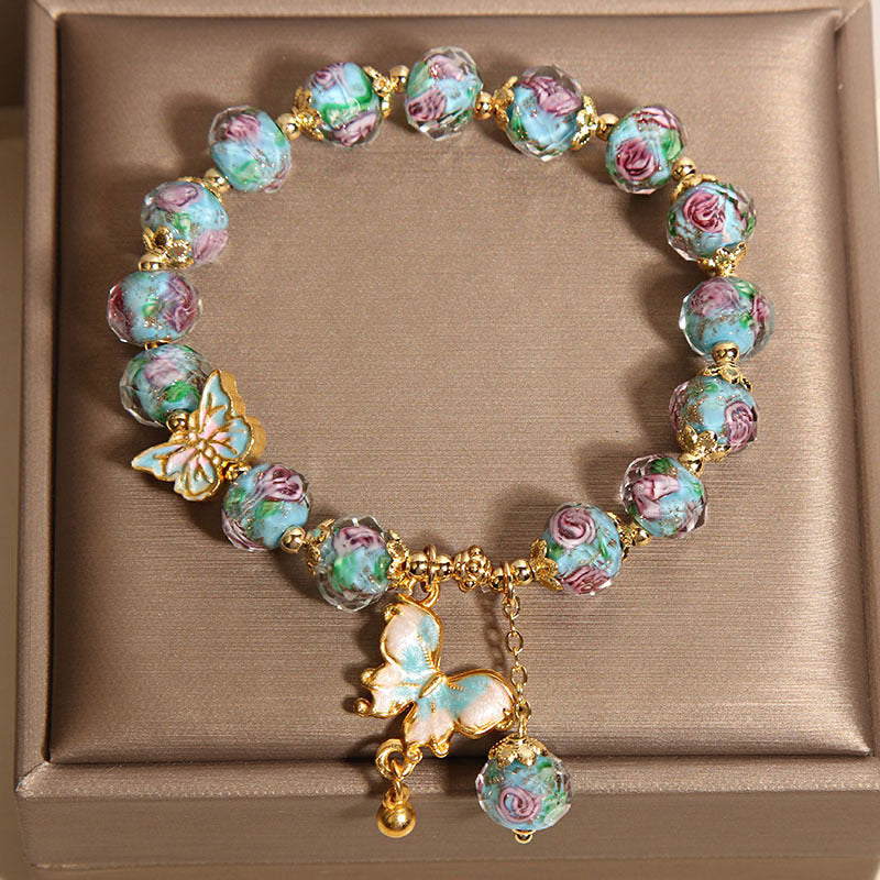 Rose Garden Glazed Bracelet | Chinese-Inspired Butterfly & Floral Ceramic Jewelry for Women