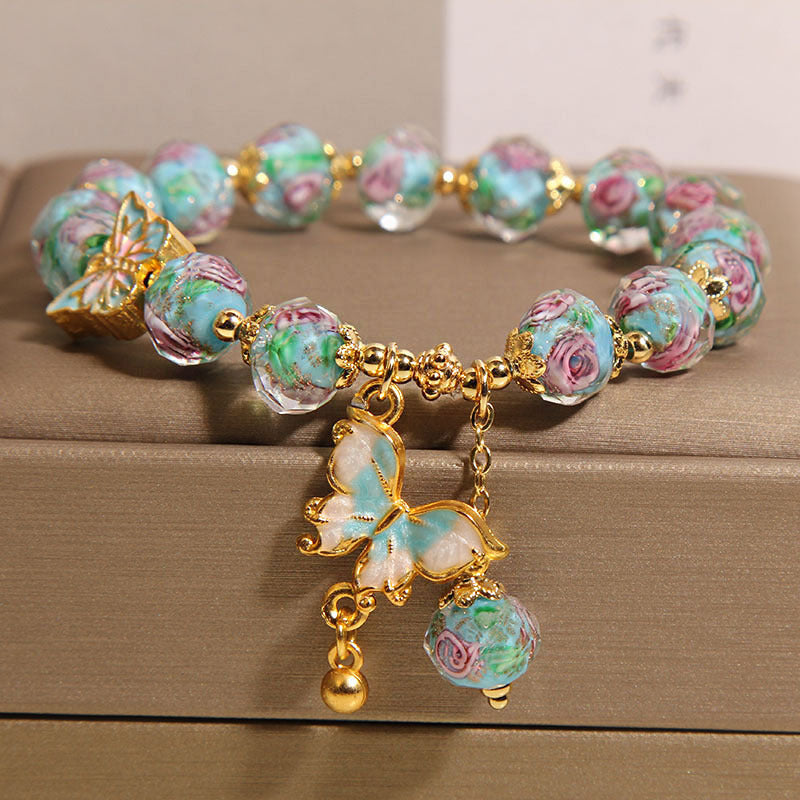 Rose Garden Glazed Bracelet | Chinese-Inspired Butterfly & Floral Ceramic Jewelry for Women