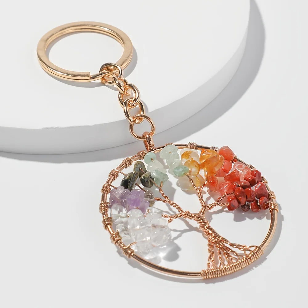 Tree of Life Gemstone Keychain — Natural Stone Charm, Protection Gift for Her