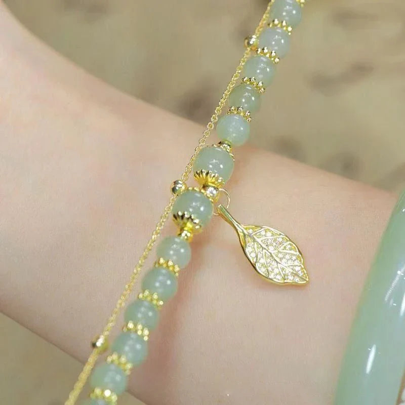 Tinkers Green Jade Bracelet — Natural Stone with Gold Leaf Accent