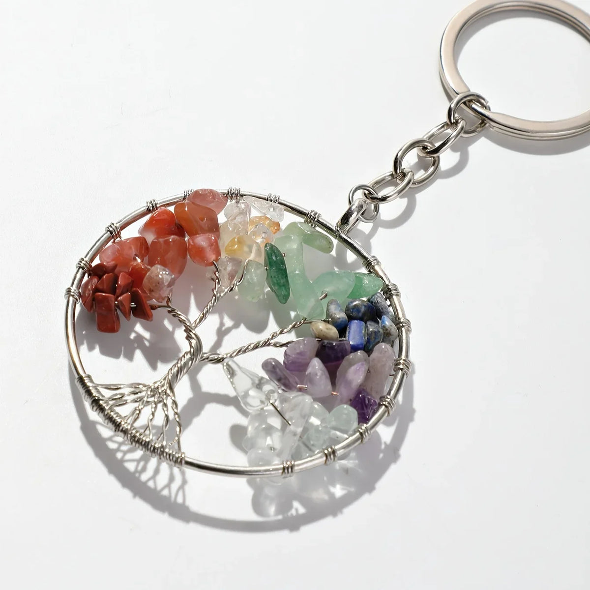 Tree of Life Gemstone Keychain — Natural Stone Charm, Protection Gift for Her