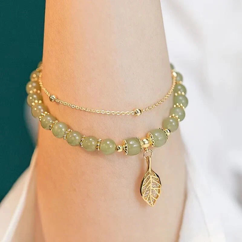 Tinkers Green Jade Bracelet — Natural Stone with Gold Leaf Accent