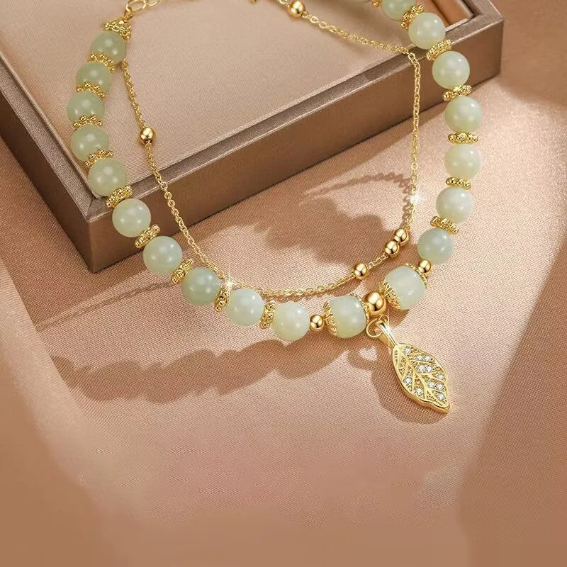 Tinkers Green Jade Bracelet — Natural Stone with Gold Leaf Accent