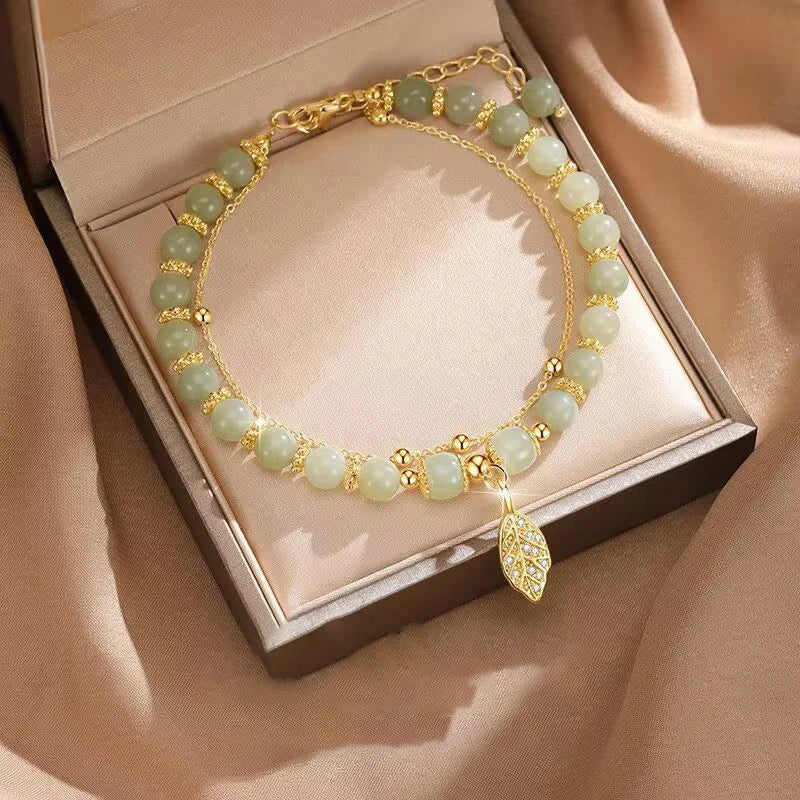 Tinkers Green Jade Bracelet — Natural Stone with Gold Leaf Accent