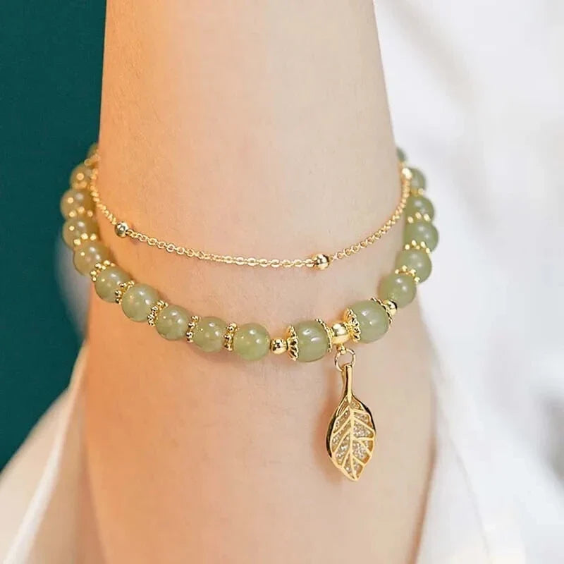 Tinkers Green Jade Bracelet — Natural Stone with Gold Leaf Accent
