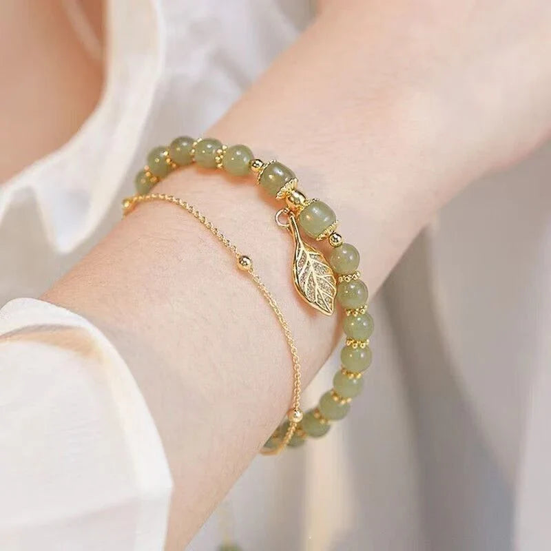 Tinkers Green Jade Bracelet — Natural Stone with Gold Leaf Accent