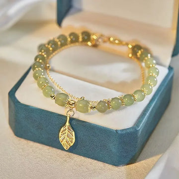 Tinkers Green Jade Bracelet — Natural Stone with Gold Leaf Accent