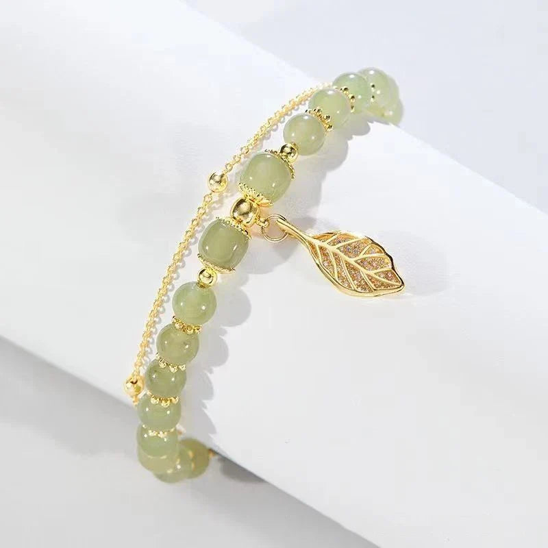 Tinkers Green Jade Bracelet — Natural Stone with Gold Leaf Accent
