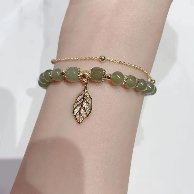 Tinkers Green Jade Bracelet — Natural Stone with Gold Leaf Accent