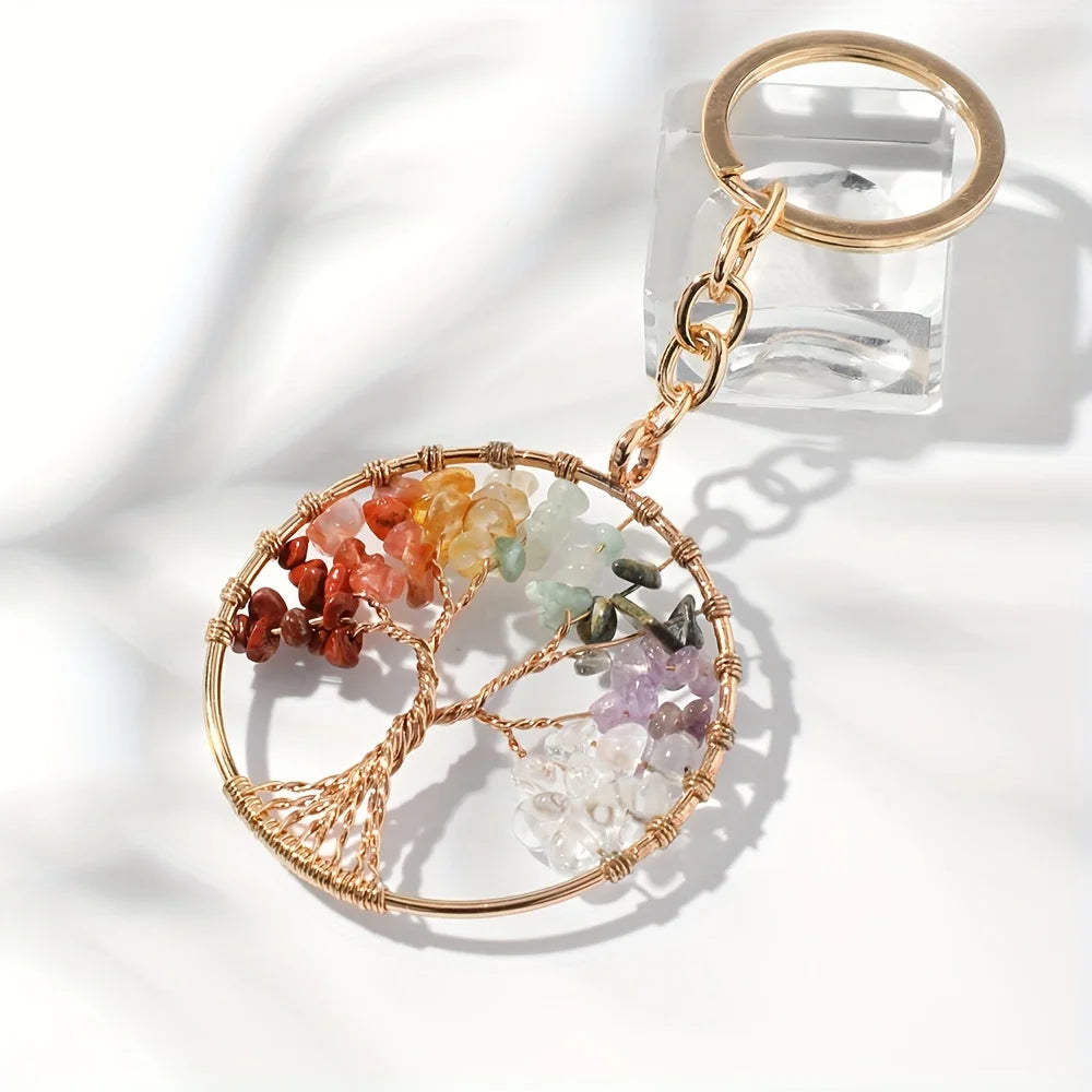 Tree of Life Gemstone Keychain — Natural Stone Charm, Protection Gift for Her