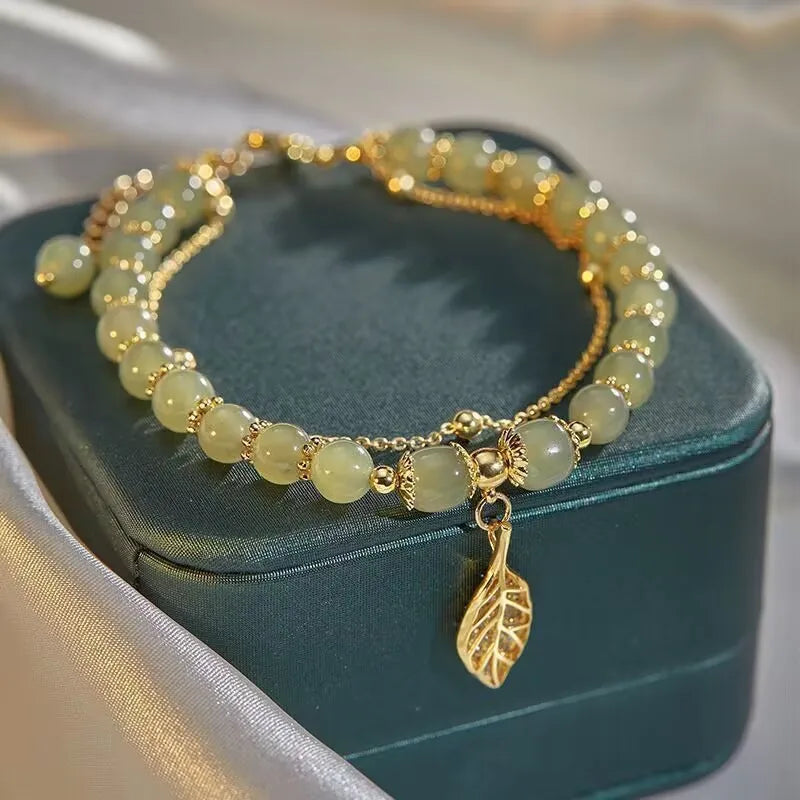 Tinkers Green Jade Bracelet — Natural Stone with Gold Leaf Accent