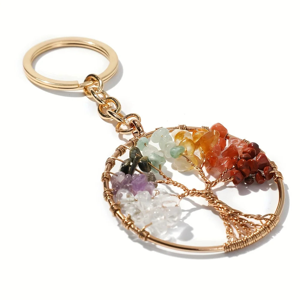 Tree of Life Gemstone Keychain — Natural Stone Charm, Protection Gift for Her